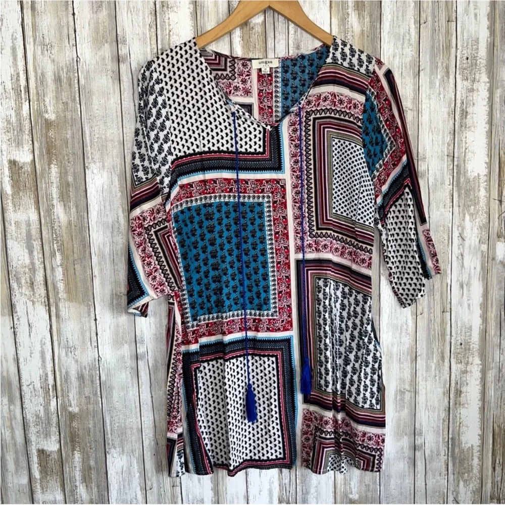 Umgee Boho Retro Print Tie Neck Tunic/Dress - Picture 2 of 6